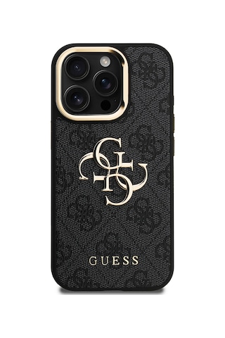 Apple iPhone 15 Pro Max Uyumlu Kılıf Guess Lisanslı Metal 4g Ve Yazı Logolu Kamera Standlı Kapak Siyah
