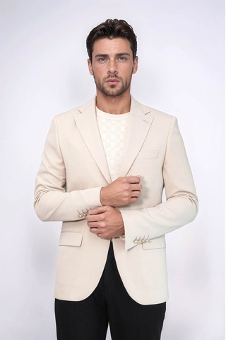 Bej Kendinden Desenli Örme Altın Renk Metal Düğmeli Slim Fit Erkek Blazer Ceket - Wessi Cream