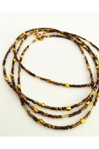 K216 Minimal, Zarif Boncuk, Dolamalı Kolye Kahverengi&atın Sarı Altın - Kahverengi