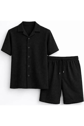 Etiler Collection Erkek Waffle Kumaş Kısa Kollu Gömlek Şort Takım Regular Fit Yazlık İkili Set - Siyah