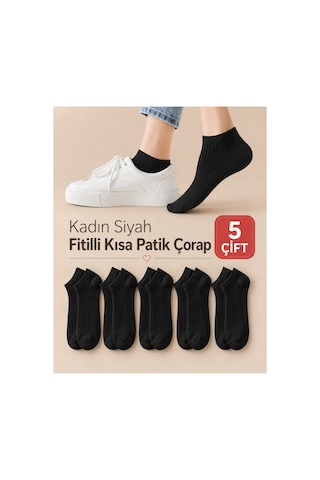Worthy Socks 5'li Kadın Fitilli Kısa Siyah Patik Çorap