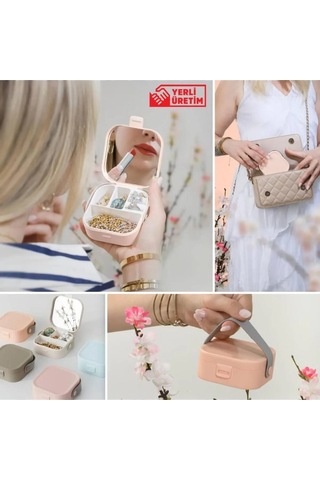 Taşınabilir Makyaj Takı Kutusu Mini Boy Aynalı Organizer Krem