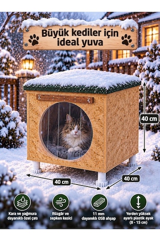 Reyo Narım 40x40x40 Cm Ahşap Kedi Evi Ve Kedi Yuvası Büyük Kediler İçin, 1 Kedilik Hazır Kurulu Kedi Barınağı