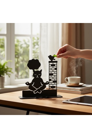 Meditasyon Yapan Kedi Ve Kuş Tasarımlı Dekoratif Metal Telefon Standı