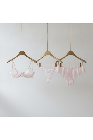 Bonbon Kadın Tül Transparan Balenli Sütyen, Checky Ve String Külotlu 3 Lü Paket Bb2618 Pembe