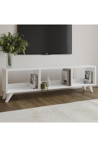 Tina Tv Sehpası 120 Cm Açık Meşe Renkli, Retro Tarz Ahşap Ayaklı Minimal Tv Sehpası Beyaz