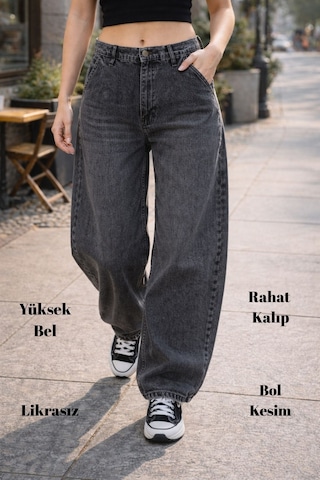 Cedy Denim Cedy Denım Yüksek Kalite Kadın Yüksek Bel Baggy Skater Jean Antrasit