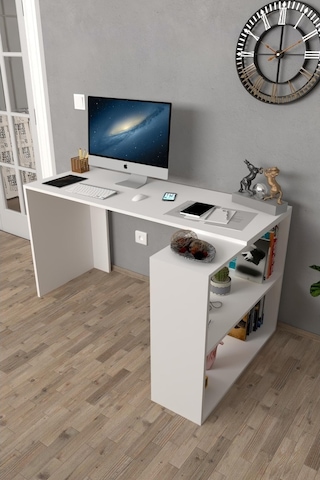 Moonlife Atlas Kitaplıklı Çalışma Masası, Bilgisayar Masası Beyaz