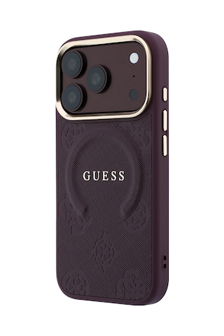 Apple iPhone Uyumlu 18 Pro Max Kılıf Guess Lisanslı M-safeli Baskılı Yazı Logolu C-magnet Pu Peony Kapak Bordo