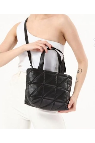 Mubiano 840-s Orta Boy Kapitone Desen Kadın Askılı Siyah Fermuarlı Tote Bag Alışveriş Çantası Siyah