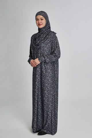 Pratik Tek Parça Çiçek Desenli Namaz Elbisesi Siyah