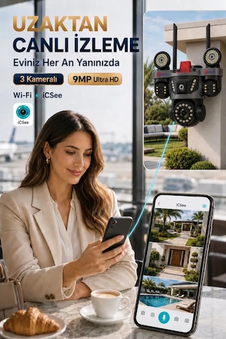 İcsee 9003 9mp 3 Lens Wifi Güvenlik Kamerası, Motorlu Gece Görüşlü Dış Mekan Kamera, 32gb Kart Ve Adaptör