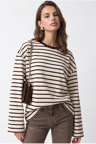 Mixray 2236 Çizgili Bisiklet Yaka Uzun Kol Oversize Sweatshirt Kahve