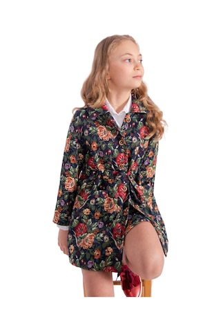 Jakarlı Çiçek Desenli Kız Çocuk Kaban 001