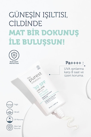 The Purest Solutions Matlaştırıcı Güneş Kremi Cilt Bakım Seti: 50 ml SPF 50 + 15 ml Blemish Defense Tanışma Boy