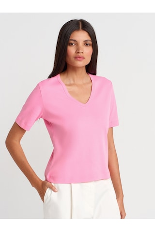Dilvin 31840 V Yaka Kısa Kollu T-shirt-pembe Pembe