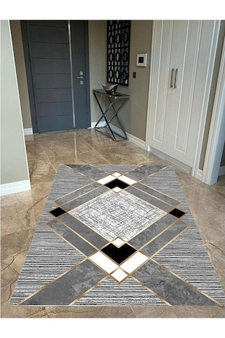 Kaymaz Tabanlı Halı Yıkanabilir Halı Kilim Yolluk Dijital Baskı Gri - Beyaz