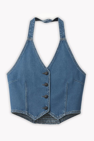 Blue White Kadın Düğmeli Bağlamalı Crop Jean Büstiyer Açık Mavi