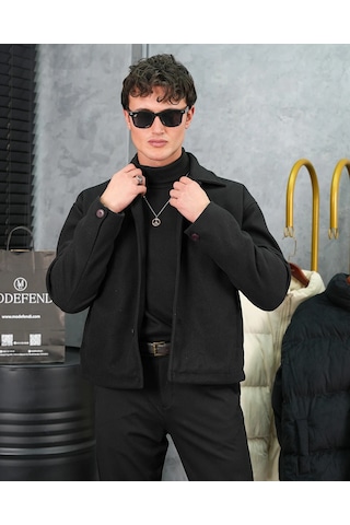 Modefendi Orta Slim Fit Düğme Detaylı Kaşmir Kaban Siyah