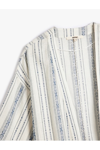 Koton Keten Kimono 3/4 Geniş Kol Kalça Boy Mavi Çizgili 4sak50139pw Mavi