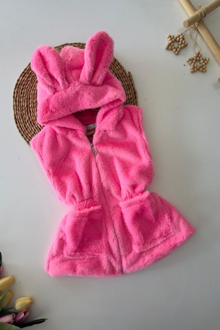 Miniğimin Cicileri Kulak Detaylı Peluş Cepli Çocuk Yelek - Pembe Pembe