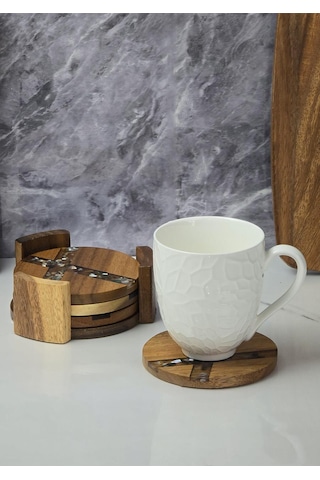 Akasya 4lü Bardak Altlığı - Stantlı Çay Tabağı Takımı - 5 Parça, 11 Cm Kahverengi
