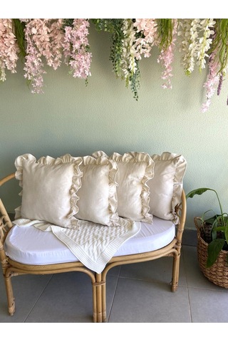 Keten, Bohem, Fırfırlı, Vintage, 4'lü Kare Kırlent Kılıfı Naturel