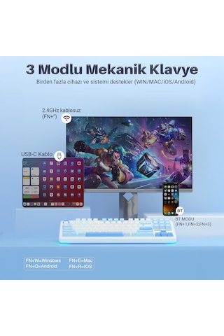 Aula F87 Pro Mekanik Rgb Tkl Graywood V3 Switch Kablosuz Makrolu Hot Swap Klavye Buz Mavi