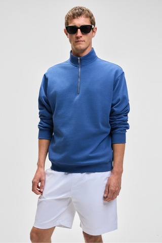 Grımelange NESTOR Erkek Relaxed Fit Dik Yakalı Yarım Fermuarlı Uzun Kollu Mavi Sweatshirt