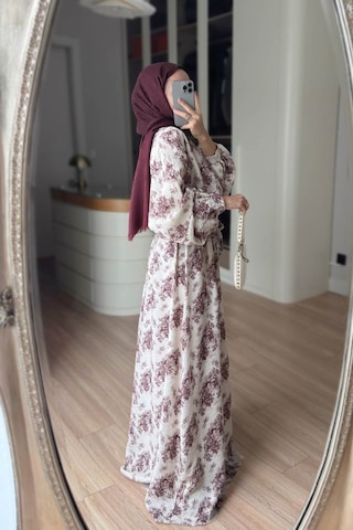 Kahijab Çiçek Desenli Yarasa Kol Astarlı Elbise - Bordo