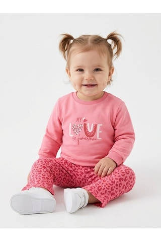 HelloBaby Pamuklu Kalp Detaylı 2li Kız Bebek Takım Nar Çiçeği