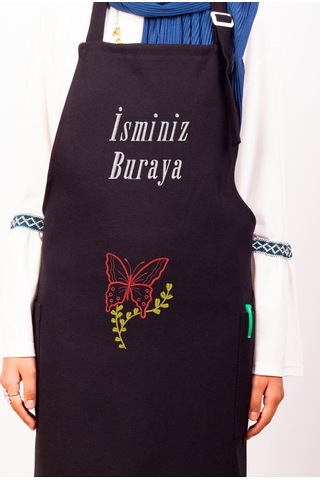 Mutfak Önlüğü Kişiye Ve İsme Özel Nakışlı Mutfak Önlüğü Kelebek01 Farklı Renkler Siyah