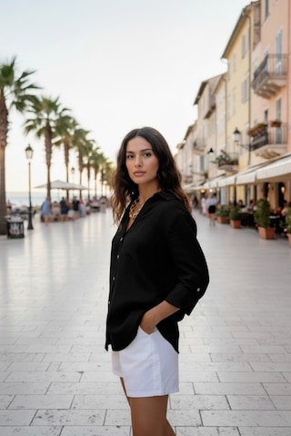 Kadın Saks Relaxed Kalıp %100 Keten Gömlek