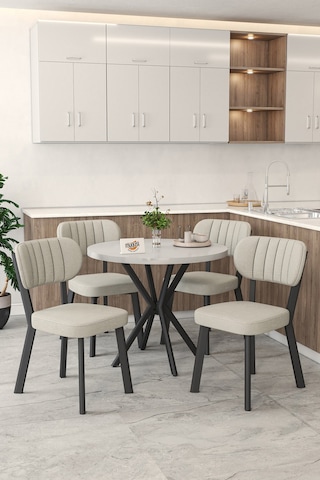 Gnr 90cm Sabit Beyaz Mutfak Masası Takımı, Yemek Masası, 4 Modern Krem Sandalye Krem