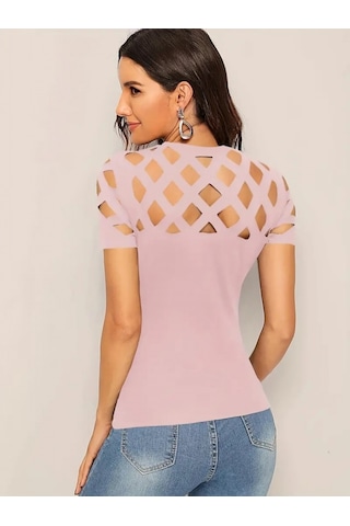 Modaserdem Kadın Kısa Kollu Baklava Desen Lazer Kesim Ithal Krep Bluz Pembe