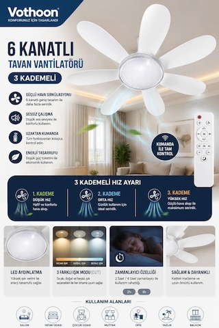 6 Kanatlı 3 Kademeli Led Aydınlatmalı Uzaktan Kumandalı Tavan Vantilatörü