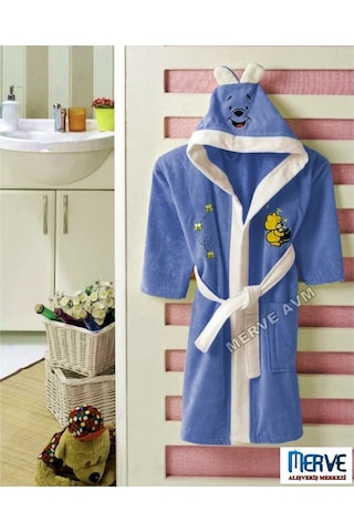 Kapşonlu Pamuk Erkek Çocuk Bornozu Mavi (4-5, 6-7, 8-9,10-11 Yaş) Mavi
