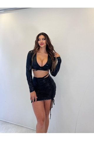 Siyah Parlak Lame Kumaş Etekli İkili Takım Siyah
