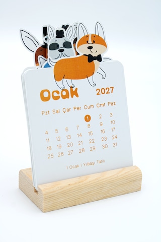 Ahşap Standlı Özel Kesim Papyonlu Corgi Tasarımlı 2027 Masaüstü Takvimi 8,5x12 Cm - Eğlenceli Yeni Yıl Hediyesi Çok Renkli
