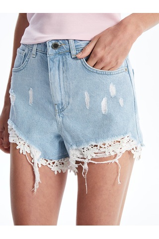 Lcw Jeans İndigo Yüksek Bel Standart Fit Yırtık Detaylı Kadın Jean Şort
