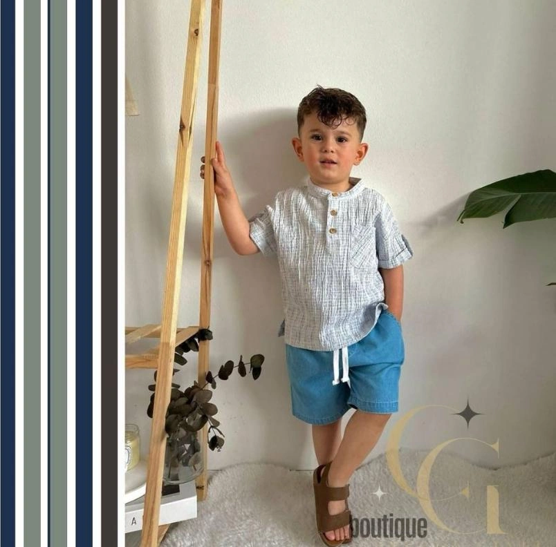 Cg Kids Hakim Yaka Gömlek Fitilli Alt Mavi Jean Kumaş Kot Şort Be Lacivert - Gri