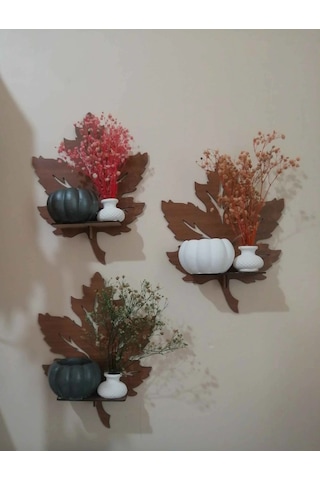 Alshop Ahşap Yaprak Duvar Süsü Dekoru Rafı Mumluk Aplik Tablo 3'lü