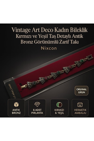 Vintage Art Deco Kadın Bileklik Kırmızı Ve Yeşil Taş Detaylı Antik Bronz Görünümlü Zarif Takı