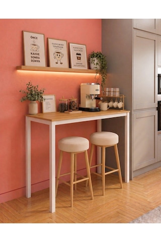 Bar Masası Meşe Tablalı 116x45x92cm Mutfak Masası & Kahve Köşesi Masası Beyaz Meşe