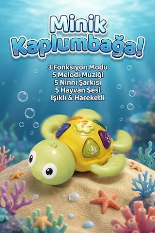 Sarı-yeşil Renkli Hareketli Mini Kaplumbağa Bebek Eğlencesi - Aydınlatmalı Melodili, Ninnili Öğretici Yenidoğan Hediyesi 6 Ay+