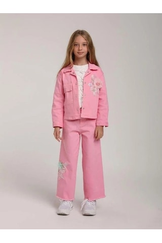 Kız Çocuk Cepli Tül Çiçekli Kot Ceket-15582 Pembe