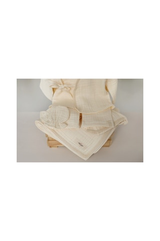 Tlyhometextiles Krem Müslin Hastane Çıkışı Seti Battaniye, 2 Li Takım, Şapka Ve Eldiven 0 3 Ay Ekru