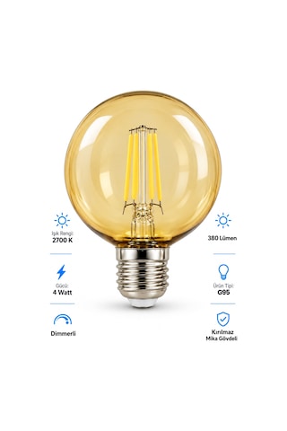 G95 Dimmerli Rustik Gün Işığı 2700k Amber Led Ampul Filament E27 Duylu Filamanlı Edison Ampül