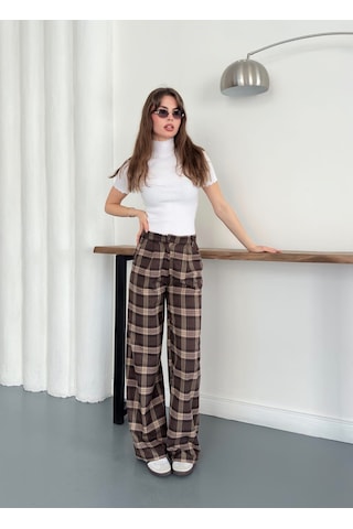 Blackpera Bersh Model Ekose Desen Bel Fular Detaylı Pantolon Kahverengi