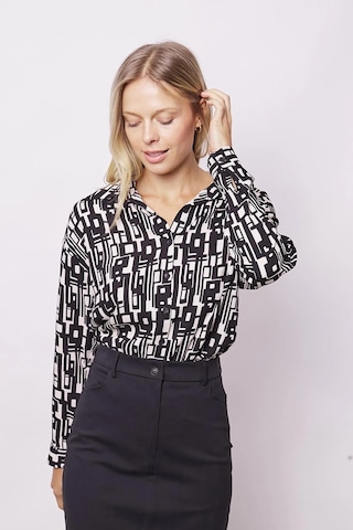 Kadın Likrasız Viskon Vual Desenli Yakalı Düşük Omuzlu Uzun Kol Şık Gömlek-Geometri Geometri